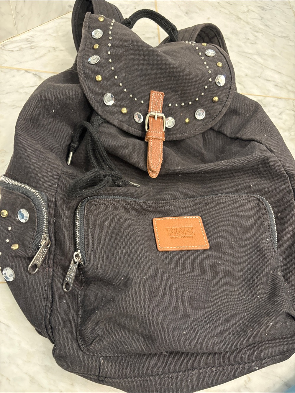 PINK Victoria's Secret Canvas Backpack with Studs and Crystal Accents